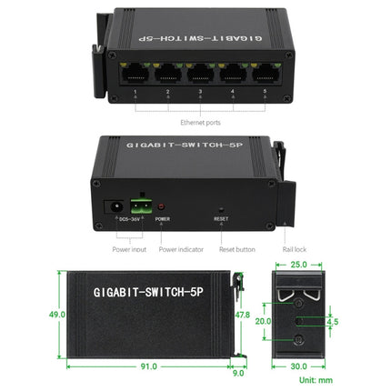 Waveshare Industrial 5P Gigabit Ethernet Switch, Full-Duplex 10/100/1000M, DIN Rail Mount