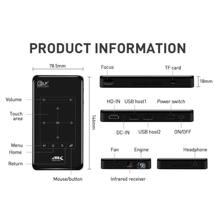 P09 Portable 4K Ultra HD DLP Mini Smart Projector with Infrared Remote Control, Amlogic S905X 4-Core A53 up to 1.5GHz Android 6.0, 1GB+8GB, Support 2.4G/5G WiFi, Bluetooth, TF Card