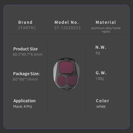 For DJI Mavic 4 Pro STARTRC 4 in 1 ND8 ND16 ND32 ND64 Lens Filter Kit, ND8 ND16 ND32 ND64