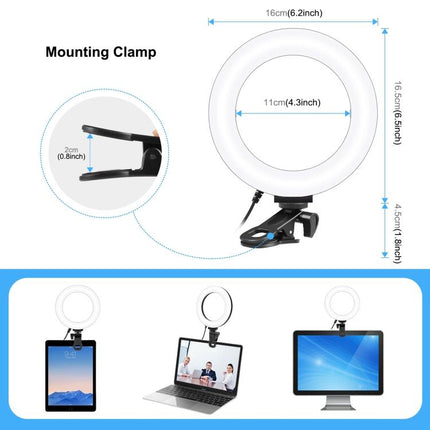 PULUZ 6.2 inch 16cm Ring Selfie Light 3 Modes USB Dimmable Dual Color Temperature LED Curved Vlogging Photography Video Lights with Monitor Clip Holder, 6.2 inch 16cm