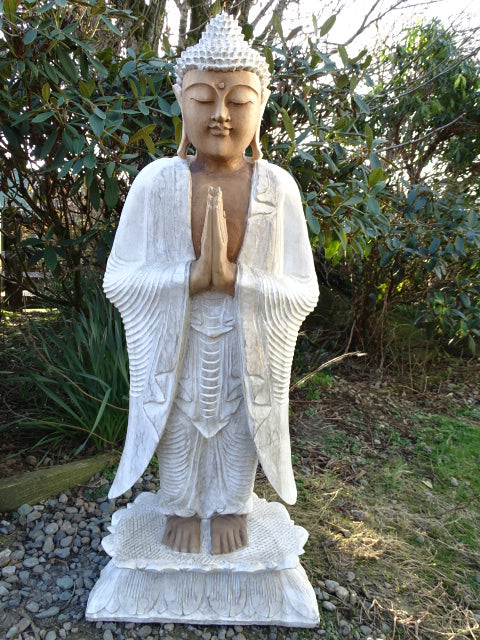 Hand Carved 1 Metre Buddha Statue (Standing)  Whitewash Suar Wood