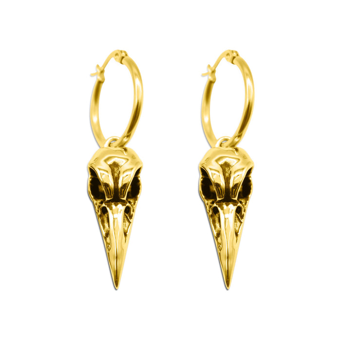 Gold Raven Bird Skull Earrings