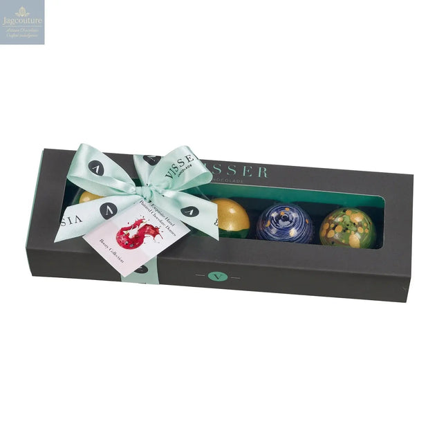 Deluxe gift box of 5 boozy Picasso chocolates with menu tag
