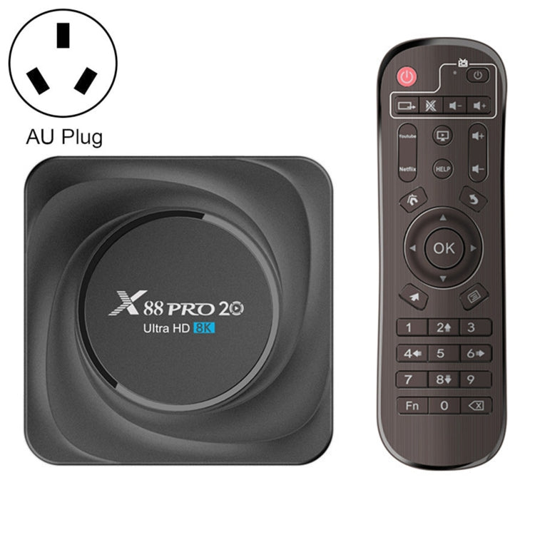 X88 Pro 20 4K Smart TV BOX Android 11.0 Media Player with Infrared Remote Control, RK3566 Quad Core 64bit Cortex-A55 up to 1.8GHz, RAM: 4GB, ROM: 32GB, Support Dual Band WiFi, Bluetooth, Ethernet, EU Plug