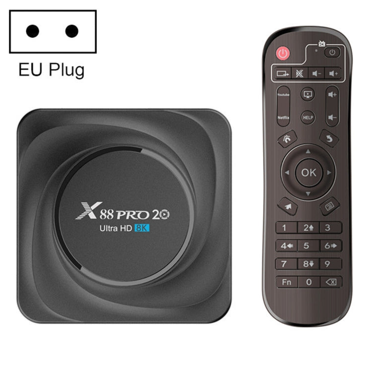 X88 Pro 20 4K Smart TV BOX Android 11.0 Media Player with Infrared Remote Control, RK3566 Quad Core 64bit Cortex-A55 up to 1.8GHz, RAM: 4GB, ROM: 32GB, Support Dual Band WiFi, Bluetooth, Ethernet, EU Plug, 4GB+32GB