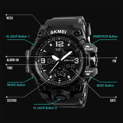 SKMEI 1155B Multifunctional Men Outdoor Sports Noctilucent Waterproof Large Dial Wrist Watch