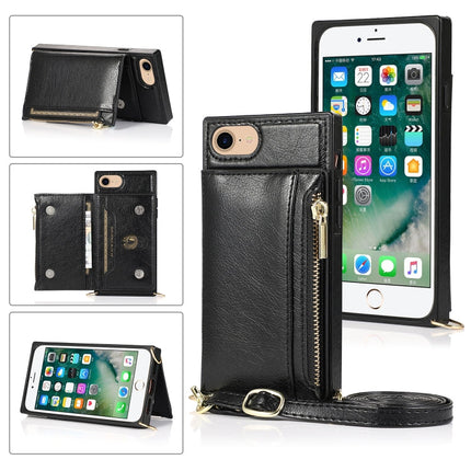 Square Zipper Wallet Bag TPU+PU Back Cover Case with Holder & Card Slots & Wallet & Cross-body Strap, For iPhone 8 Plus / 7 Plus, For iPhone 11, For iPhone 11 Pro, For iPhone 11 Pro Max, For iPhone SE 2022 / SE 2020 / 8 / 7, For iPhone XR��������������...