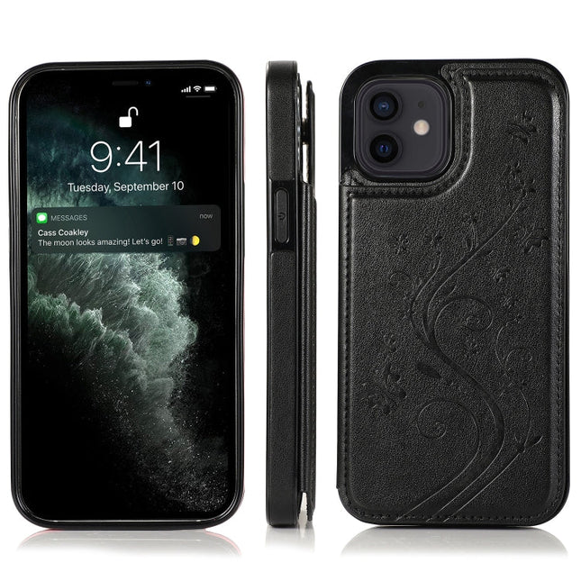 Butterflies Flowers Double Buckle PU + TPU Protective Case with Holder & Card Slots & Photo Frame, For iPhone 12 mini, For iPhone 12 / 12 Pro