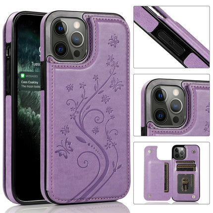 Butterflies Flowers Double Buckle PU + TPU Protective Case with Holder & Card Slots & Photo Frame, For iPhone 12 mini, For iPhone 12 / 12 Pro