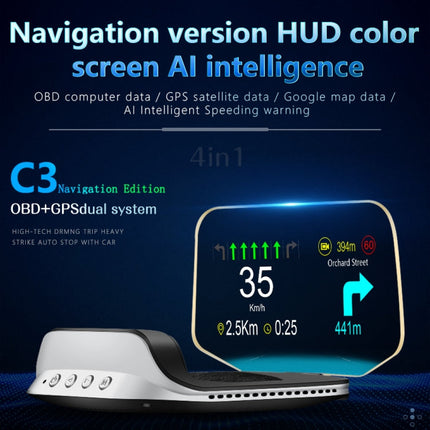C3 OBD2 + GPS Mode Car Head-up Display HUD Overspeed / Speed / Water Temperature Too High / Voltage Too Low / Engine Failure Alarm / Fatigue Driving Reminder / Navigation Function, C3