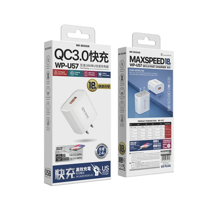 WK WP-U57 Max 18W Maxspeed QC3.0 Fast Charger +  USB to Micro USB Data Cable, US Plug, EU Plug