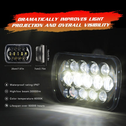 7 inch(5X7)/(7X6) H4 DC 9V-30V 30000LM 300W 8LEDs Car Square Shape LED Headlight Lamps for Jeep Wrangler, 8LEDs