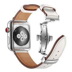 Genuine Leather + Butterfly Silver Buckle Replacement Watchbands For Apple Watch Series 6 & SE & 5 & 4 40mm / 3 & 2 & 1 38mm, Silver Buckle For Apple Watch Series 7 41mm / 6 & SE & 5 & 4 40mm / 3 & 2 & 1 38mm