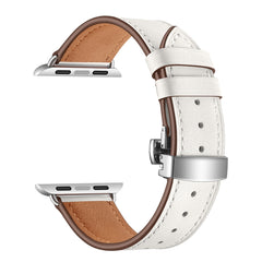 Genuine Leather + Butterfly Silver Buckle Replacement Watchbands For Apple Watch Series 6 & SE & 5 & 4 40mm / 3 & 2 & 1 38mm, Silver Buckle For Apple Watch Series 7 41mm / 6 & SE & 5 & 4 40mm / 3 & 2 & 1 38mm