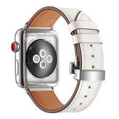 Genuine Leather + Butterfly Silver Buckle Replacement Watchbands For Apple Watch Series 6 & SE & 5 & 4 40mm / 3 & 2 & 1 38mm, Silver Buckle For Apple Watch Series 7 41mm / 6 & SE & 5 & 4 40mm / 3 & 2 & 1 38mm