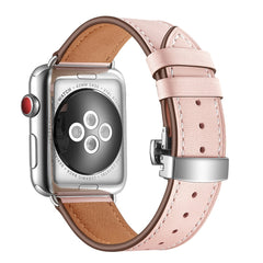 Genuine Leather + Butterfly Silver Buckle Replacement Watchbands For Apple Watch Series 6 & SE & 5 & 4 40mm / 3 & 2 & 1 38mm, Silver Buckle For Apple Watch Series 7 41mm / 6 & SE & 5 & 4 40mm / 3 & 2 & 1 38mm