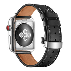 Genuine Leather + Butterfly Silver Buckle Replacement Watchbands For Apple Watch Series 6 & SE & 5 & 4 40mm / 3 & 2 & 1 38mm, Silver Buckle For Apple Watch Series 7 41mm / 6 & SE & 5 & 4 40mm / 3 & 2 & 1 38mm