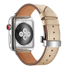 Genuine Leather + Butterfly Silver Buckle Replacement Watchbands For Apple Watch Series 6 & SE & 5 & 4 40mm / 3 & 2 & 1 38mm, Silver Buckle For Apple Watch Series 7 41mm / 6 & SE & 5 & 4 40mm / 3 & 2 & 1 38mm