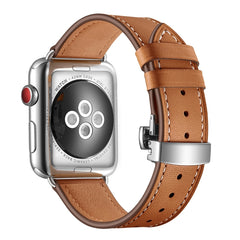 Genuine Leather + Butterfly Silver Buckle Replacement Watchbands For Apple Watch Series 6 & SE & 5 & 4 40mm / 3 & 2 & 1 38mm, Silver Buckle For Apple Watch Series 7 41mm / 6 & SE & 5 & 4 40mm / 3 & 2 & 1 38mm