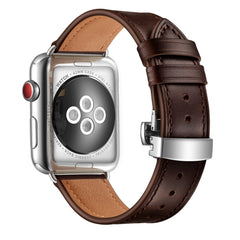 Genuine Leather + Butterfly Silver Buckle Replacement Watchbands For Apple Watch Series 6 & SE & 5 & 4 40mm / 3 & 2 & 1 38mm, Silver Buckle For Apple Watch Series 7 41mm / 6 & SE & 5 & 4 40mm / 3 & 2 & 1 38mm