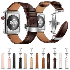 Genuine Leather + Butterfly Silver Buckle Replacement Watchbands For Apple Watch Series 6 & SE & 5 & 4 40mm / 3 & 2 & 1 38mm, Silver Buckle For Apple Watch Series 7 41mm / 6 & SE & 5 & 4 40mm / 3 & 2 & 1 38mm