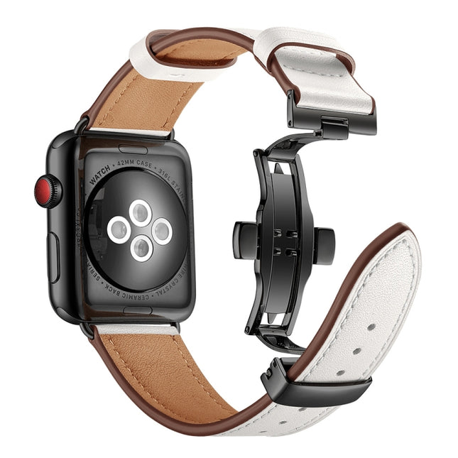 Genuine Leather + Butterfly Black Buckle Replacement Watchbands For Apple Watch Series 6 & SE & 5 & 4 44mm / 3 & 2 & 1 42mm