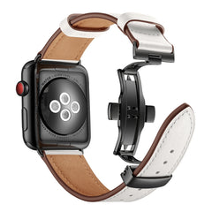 Genuine Leather + Butterfly Black Buckle Replacement Watchbands For Apple Watch Series 6 & SE & 5 & 4 44mm / 3 & 2 & 1 42mm, Black Buckle For Apple Watch Series 7 45mm / 6 & SE & 5 & 4 44mm / 3 & 2 & 1 42mm