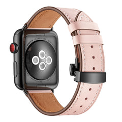 Genuine Leather + Butterfly Black Buckle Replacement Watchbands For Apple Watch Series 6 & SE & 5 & 4 44mm / 3 & 2 & 1 42mm, Black Buckle For Apple Watch Series 7 45mm / 6 & SE & 5 & 4 44mm / 3 & 2 & 1 42mm