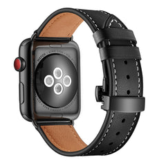 Genuine Leather + Butterfly Black Buckle Replacement Watchbands For Apple Watch Series 6 & SE & 5 & 4 44mm / 3 & 2 & 1 42mm, Black Buckle For Apple Watch Series 7 45mm / 6 & SE & 5 & 4 44mm / 3 & 2 & 1 42mm