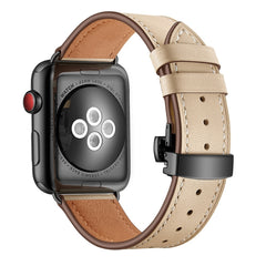 Genuine Leather + Butterfly Black Buckle Replacement Watchbands For Apple Watch Series 6 & SE & 5 & 4 44mm / 3 & 2 & 1 42mm, Black Buckle For Apple Watch Series 7 45mm / 6 & SE & 5 & 4 44mm / 3 & 2 & 1 42mm