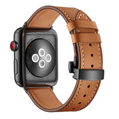 Genuine Leather + Butterfly Black Buckle Replacement Watchbands For Apple Watch Series 6 & SE & 5 & 4 44mm / 3 & 2 & 1 42mm, Black Buckle For Apple Watch Series 7 45mm / 6 & SE & 5 & 4 44mm / 3 & 2 & 1 42mm