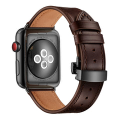 Genuine Leather + Butterfly Black Buckle Replacement Watchbands For Apple Watch Series 6 & SE & 5 & 4 44mm / 3 & 2 & 1 42mm, Black Buckle For Apple Watch Series 7 45mm / 6 & SE & 5 & 4 44mm / 3 & 2 & 1 42mm