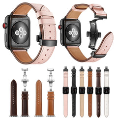 Genuine Leather + Butterfly Black Buckle Replacement Watchbands For Apple Watch Series 6 & SE & 5 & 4 44mm / 3 & 2 & 1 42mm, Black Buckle For Apple Watch Series 7 45mm / 6 & SE & 5 & 4 44mm / 3 & 2 & 1 42mm