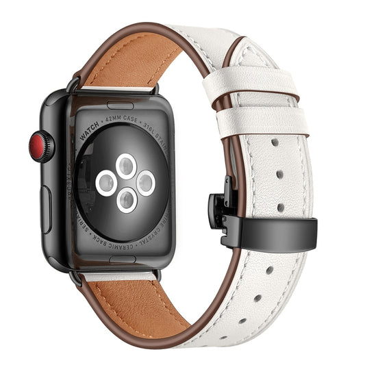 Genuine Leather + Butterfly Black Buckle Replacement Watchbands For Apple Watch Series 6 & SE & 5 & 4 40mm / 3 & 2 & 1 38mm, Black Buckle For Apple Watch Series 8&7 41mm / SE 2&6&SE&5&4 40mm / 3&2&1 38mm