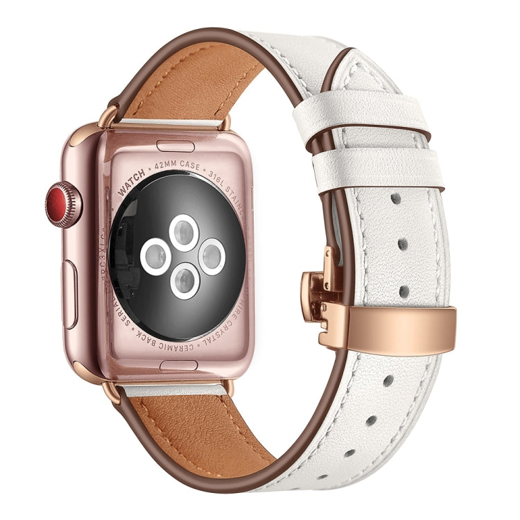 Genuine Leather + Butterfly Rose Gold Buckle Replacement Watchbands For Apple Watch Series 6 & SE & 5 & 4 44mm / 3 & 2 & 1 42mm, Rose Gold Buckle For Apple Watch Ultra 49mm / Series 8&7 45mm / SE 2&6&SE&5&4 44mm / 3&2&1 42mm