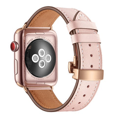 Genuine Leather + Butterfly Rose Gold Buckle Replacement Watchbands For Apple Watch Series 6 & SE & 5 & 4 44mm / 3 & 2 & 1 42mm, Rose Gold Buckle For Apple Watch Ultra 49mm / Series 8&7 45mm / SE 2&6&SE&5&4 44mm / 3&2&1 42mm