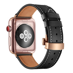 Genuine Leather + Butterfly Rose Gold Buckle Replacement Watchbands For Apple Watch Series 6 & SE & 5 & 4 44mm / 3 & 2 & 1 42mm, Rose Gold Buckle For Apple Watch Ultra 49mm / Series 8&7 45mm / SE 2&6&SE&5&4 44mm / 3&2&1 42mm