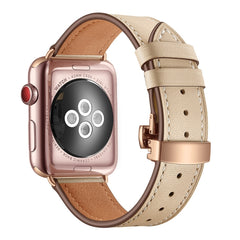 Genuine Leather + Butterfly Rose Gold Buckle Replacement Watchbands For Apple Watch Series 6 & SE & 5 & 4 44mm / 3 & 2 & 1 42mm, Rose Gold Buckle For Apple Watch Ultra 49mm / Series 8&7 45mm / SE 2&6&SE&5&4 44mm / 3&2&1 42mm