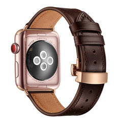 Genuine Leather + Butterfly Rose Gold Buckle Replacement Watchbands For Apple Watch Series 6 & SE & 5 & 4 44mm / 3 & 2 & 1 42mm, Rose Gold Buckle For Apple Watch Ultra 49mm / Series 8&7 45mm / SE 2&6&SE&5&4 44mm / 3&2&1 42mm