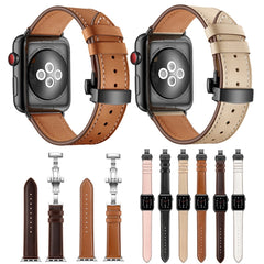 Genuine Leather + Butterfly Rose Gold Buckle Replacement Watchbands For Apple Watch Series 6 & SE & 5 & 4 44mm / 3 & 2 & 1 42mm, Rose Gold Buckle For Apple Watch Ultra 49mm / Series 8&7 45mm / SE 2&6&SE&5&4 44mm / 3&2&1 42mm