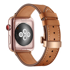 Genuine Leather + Butterfly Rose Gold Buckle Replacement Watchbands For Apple Watch Series 6 & SE & 5 & 4 40mm / 3 & 2 & 1 38mm, Rose Gold Buckle For Apple Watch Series 7 41mm / 6 & SE & 5 & 4 40mm / 3 & 2 & 1 38mm