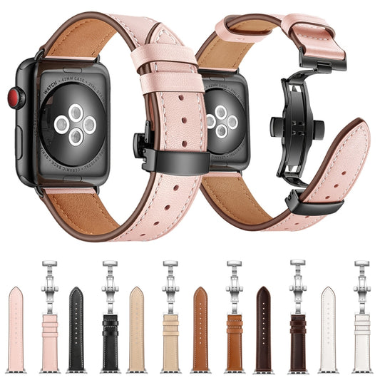 Genuine Leather + Butterfly Rose Gold Buckle Replacement Watchbands For Apple Watch Series 6 & SE & 5 & 4 40mm / 3 & 2 & 1 38mm, Rose Gold Buckle For Apple Watch Series 7 41mm / 6 & SE & 5 & 4 40mm / 3 & 2 & 1 38mm