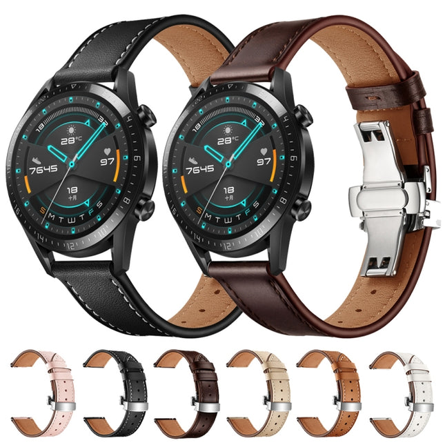 22mm Universal Butterfly Buckle Leather Replacement Strap Watchband, Silver Buckle