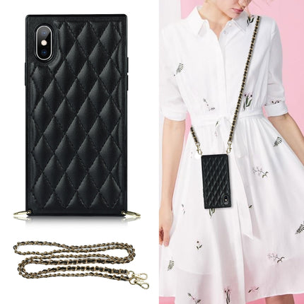 Elegant Rhombic Pattern Microfiber Leather +TPU Shockproof Case with Crossbody Strap Chain, For iPhone SE 2022 / SE 2020 / 8 / 7, For iPhone 8 Plus / 7 Plus, For iPhone X / XS, For iPhone XR
