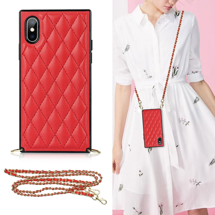 Elegant Rhombic Pattern Microfiber Leather +TPU Shockproof Case with Crossbody Strap Chain, For iPhone SE 2022 / SE 2020 / 8 / 7, For iPhone 8 Plus / 7 Plus, For iPhone X / XS, For iPhone XR, For iPhone XS Max