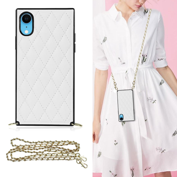 Elegant Rhombic Pattern Microfiber Leather +TPU Shockproof Case with Crossbody Strap Chain, For iPhone SE 2022 / SE 2020 / 8 / 7, For iPhone 8 Plus / 7 Plus, For iPhone X / XS, For iPhone XR, For iPhone XS Max