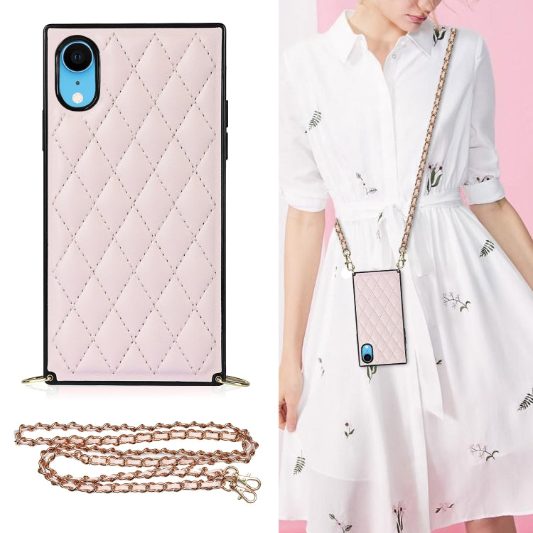 Elegant Rhombic Pattern Microfiber Leather +TPU Shockproof Case with Crossbody Strap Chain, For iPhone SE 2022 / SE 2020 / 8 / 7, For iPhone 8 Plus / 7 Plus, For iPhone X / XS, For iPhone XR, For iPhone XS Max