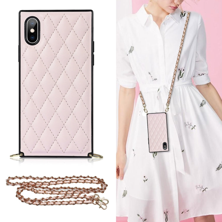 Elegant Rhombic Pattern Microfiber Leather +TPU Shockproof Case with Crossbody Strap Chain, For iPhone SE 2022 / SE 2020 / 8 / 7, For iPhone 8 Plus / 7 Plus, For iPhone X / XS, For iPhone XR, For iPhone XS Max