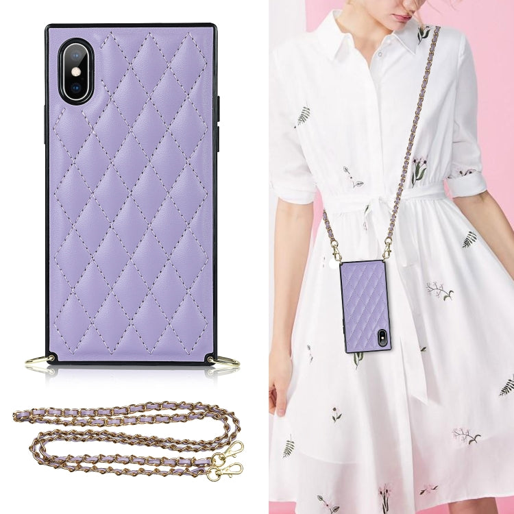 Elegant Rhombic Pattern Microfiber Leather +TPU Shockproof Case with Crossbody Strap Chain, For iPhone SE 2022 / SE 2020 / 8 / 7, For iPhone 8 Plus / 7 Plus, For iPhone X / XS, For iPhone XR, For iPhone XS Max