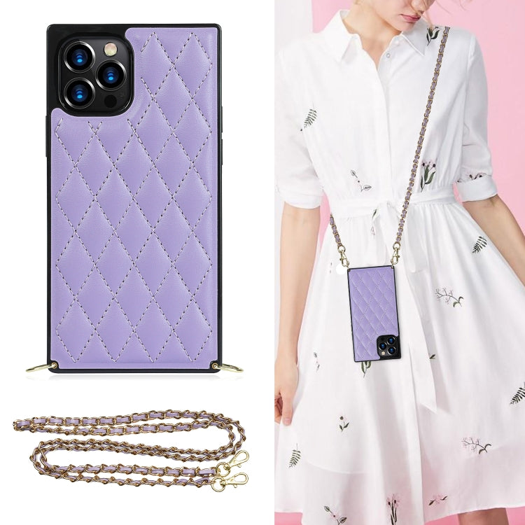 Elegant Rhombic Pattern Microfiber Leather +TPU Shockproof Case with Crossbody Strap Chain, For iPhone 11, For iPhone 11 Pro, For iPhone 11 Pro Max, For iPhone 12 mini, For iPhone 12 / 12 Pro